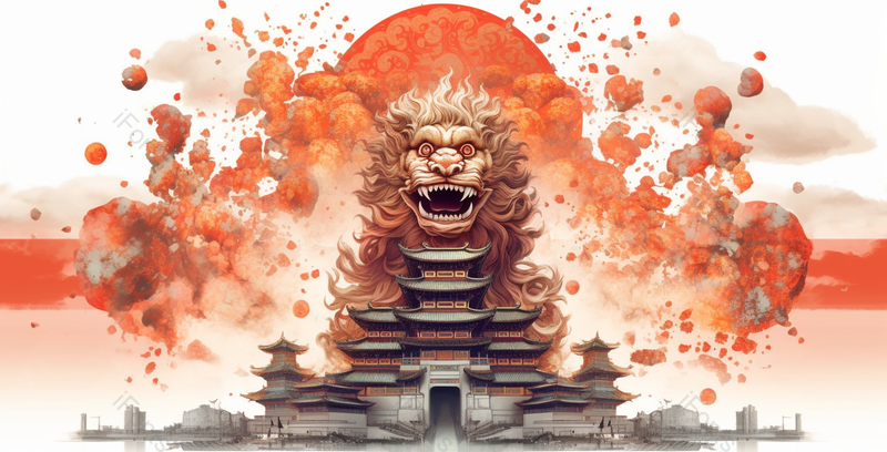 中国风建筑狮子插画背景,插画/手绘图,插画/手绘图库,插画/手绘图下载,插画/手绘